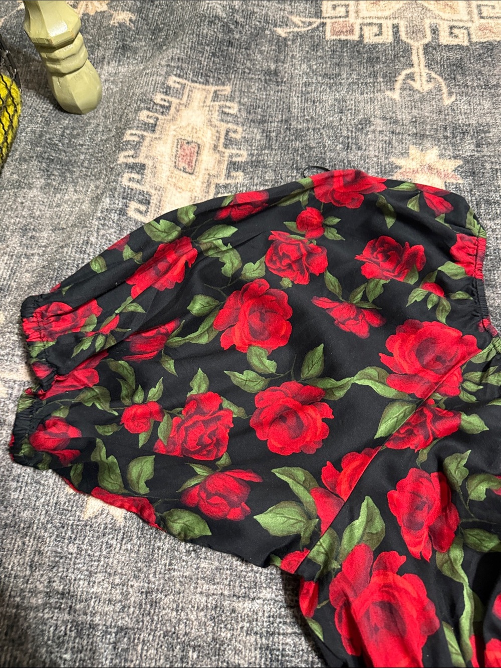 Old Navy Black Midi Dress with Red Rose Print and Puff Sleeves - Picture 3 of 7